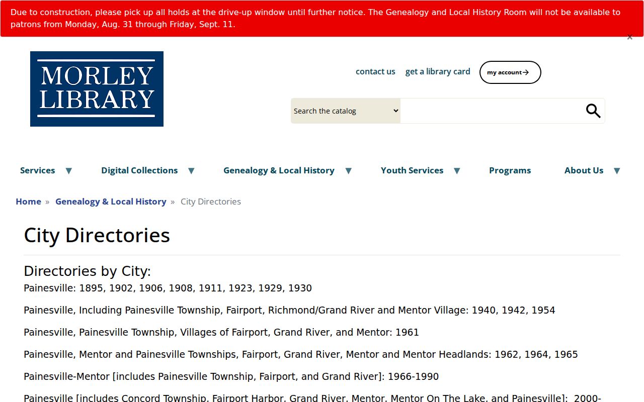 Painesville Township city directory holdings listed on the Morley Library page