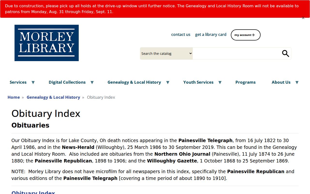 Painesville Township city directory obituary research on Morley Library index page