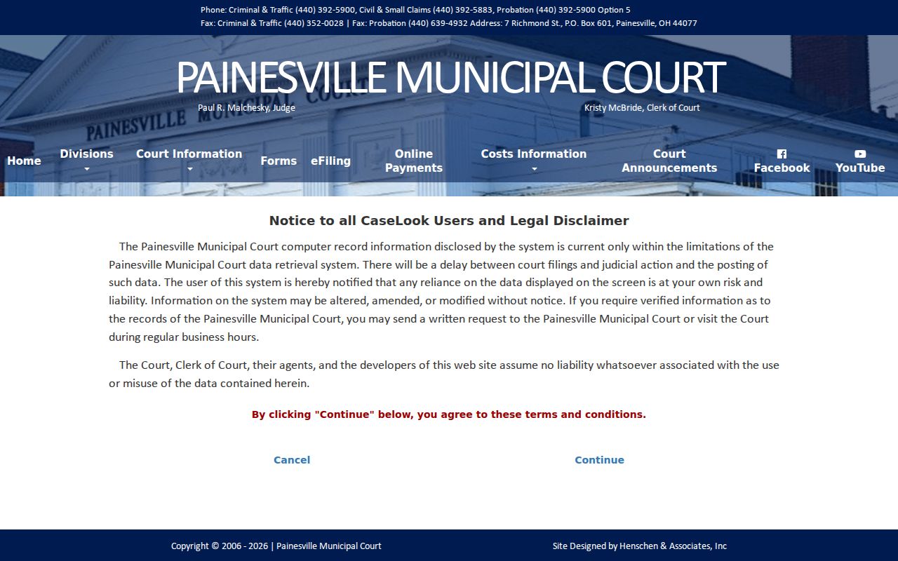 Painesville Township resident lookup CaseLook notice explaining municipal court record delays
