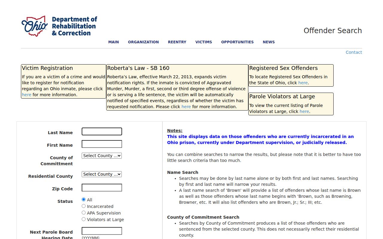 Painesville Township resident lookup status limits on the Ohio DRC search form