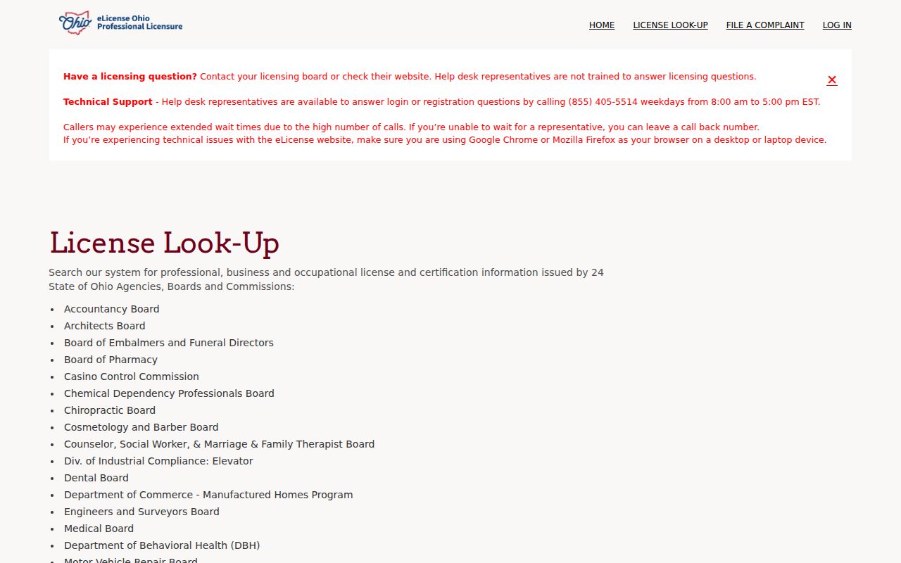 Painesville Township resident lookup role limits on the eLicense Ohio board page